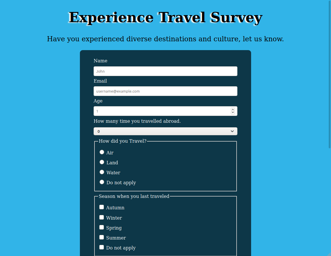 Travel survey page screenshot